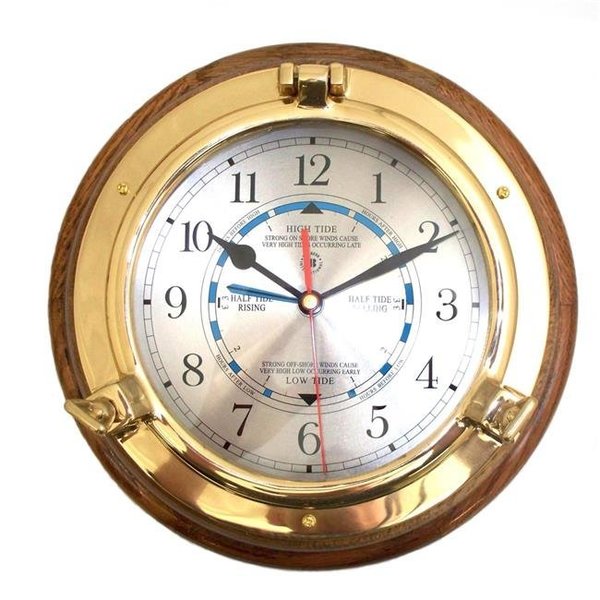 Bey Berk International Bey-Berk International SQ528 Lacquered Brass Porthole Tide & Time Quartz Clock on Oak Wood SQ528